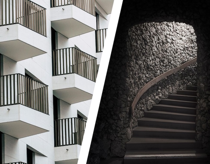 split image showing balconies and a basement